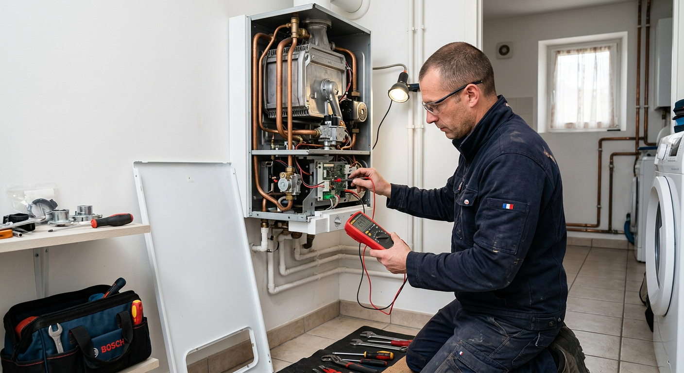 Chauffagiste réparant une chaudière gaz murale à Argenteuil
