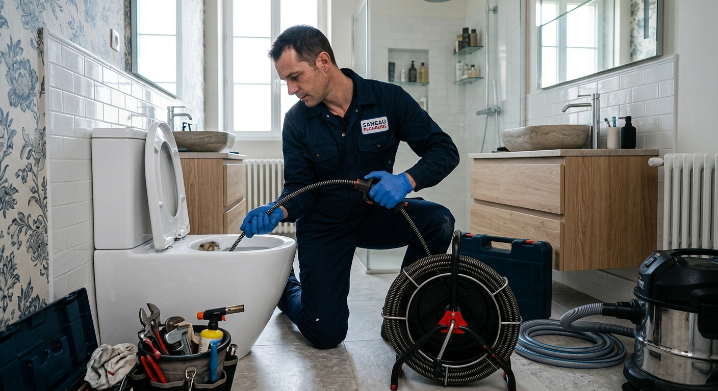 Plombier débouchant des WC avec un furet électrique à Argenteuil